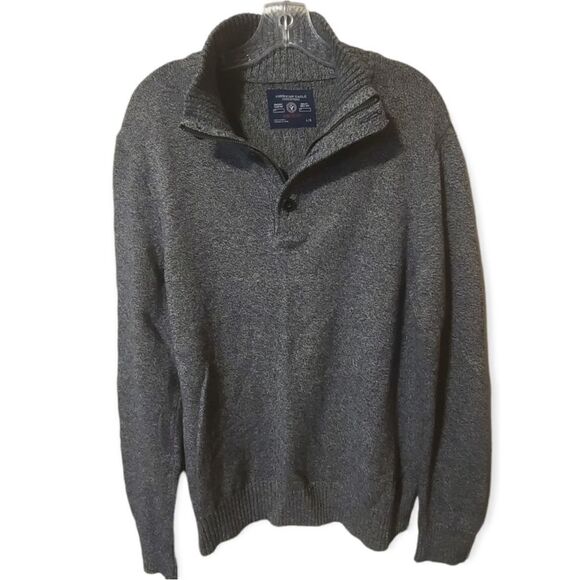 AE Mock Neck Cotton Sweater Navy Grey Large - Picture 1 of 6